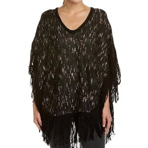 Ella Moss Black Speckled Funfetti Pattern Fringe Trim‎ Knit Poncho Size XS/S